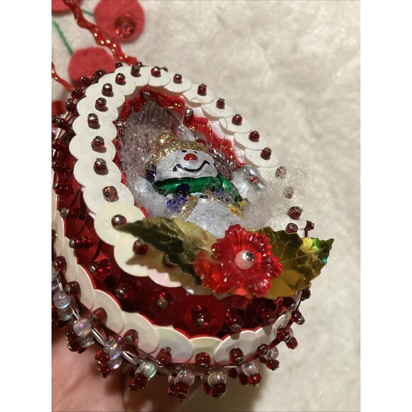 OVAL Push Pin 5 Christmas Ornaments Snowman Diorama Beautiful Beaded Sequined - Picture 14 of 16